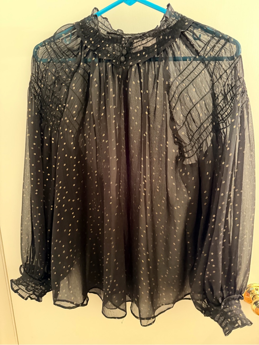 Sheer Black Metallic Dot Ruffled Blouse